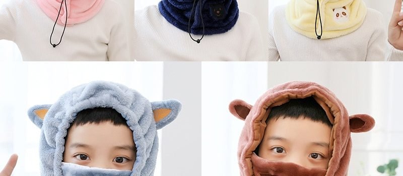 Bonnet Capuche écharpe tricotée pour enfants avec protège masque